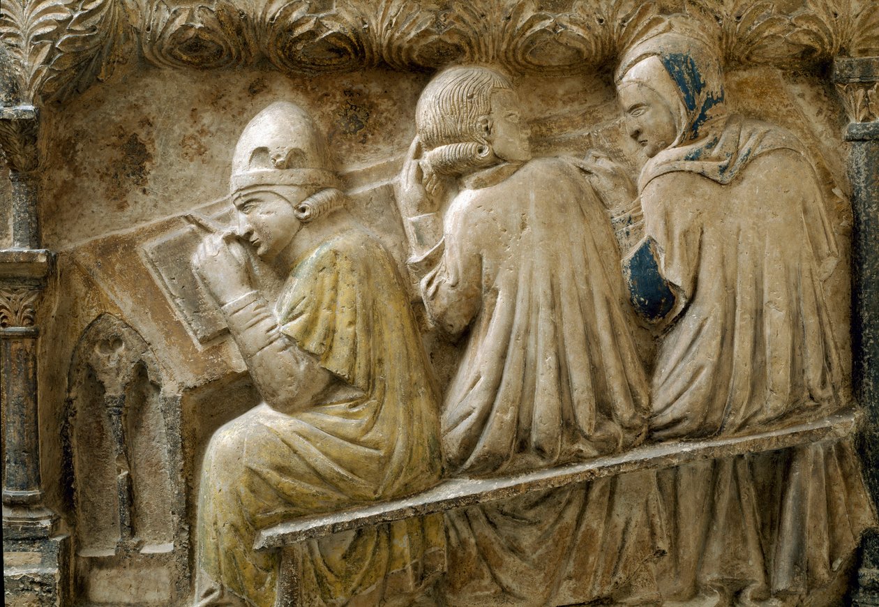 Detalj som representerer studenter som følger kurset til Bonifacio Galluzzi (Grave slab, ca. 1346) av Italian School