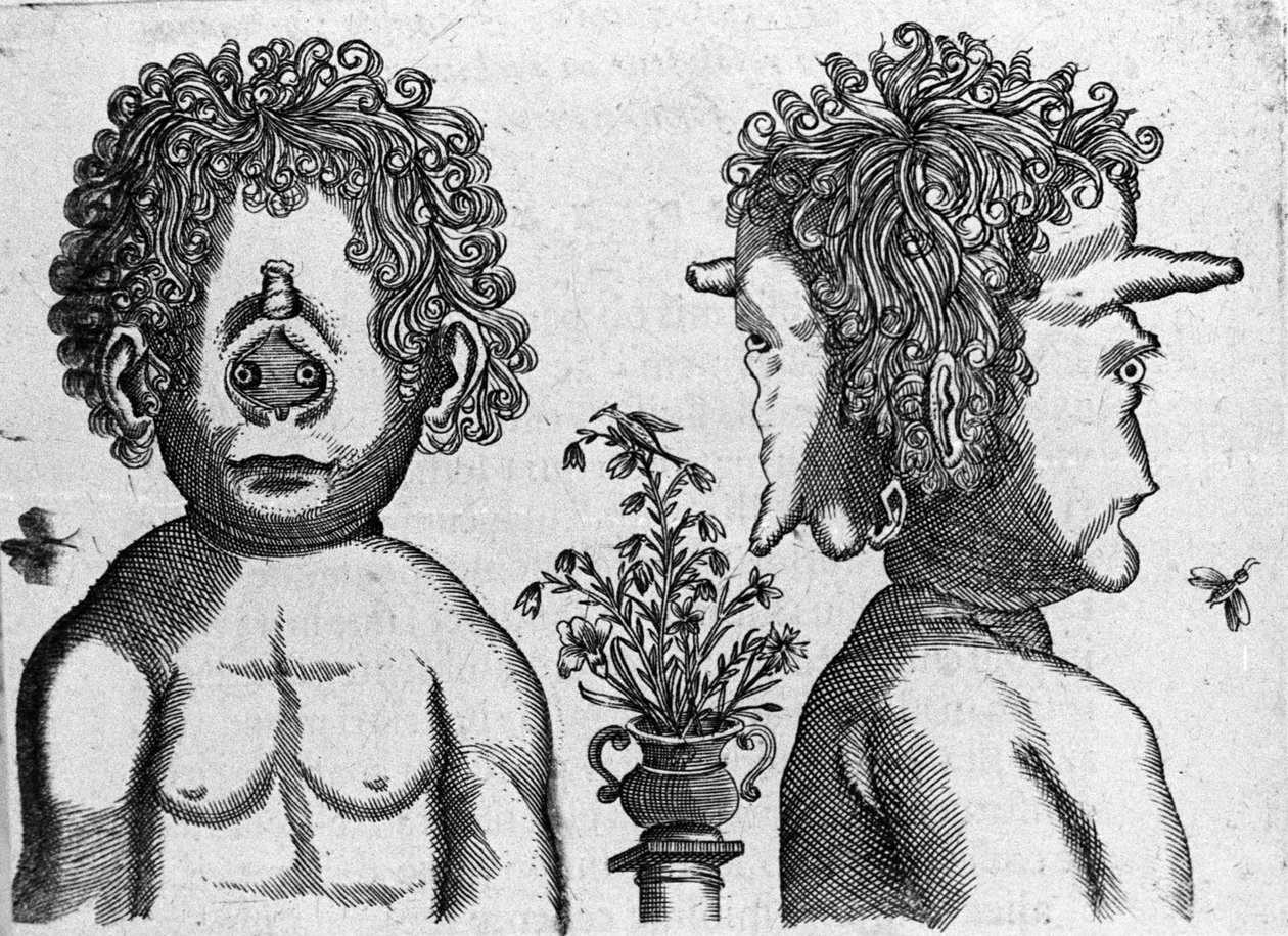 Ulike typer menneskelige monstre: ansiktet og ansiktet til monsterhodet. Gravering fra "Monstrenes natur, årsaker og forskjeller" av Fortunio Liceti (1577-1656), italiensk vitenskapsmann. 1646 av Italian School