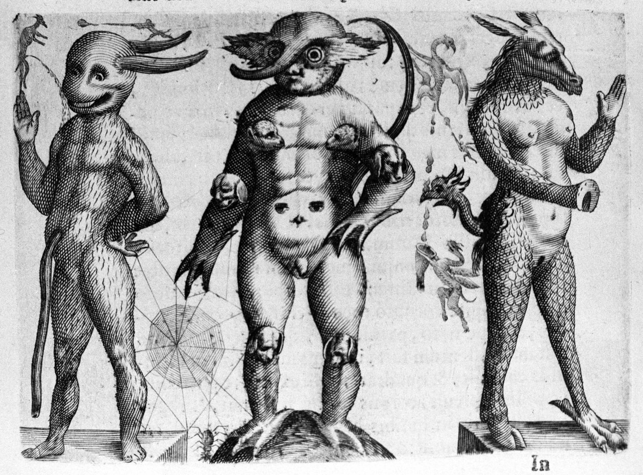 Ulike typer menneskelige monstre med halvt menneske, halvt dyrekropper. Gravering fra "Monstrenes natur, deres årsaker og forskjeller" av Fortunio Selvomi (1577-1656), italiensk vitenskapsmann. 1646 av Italian School