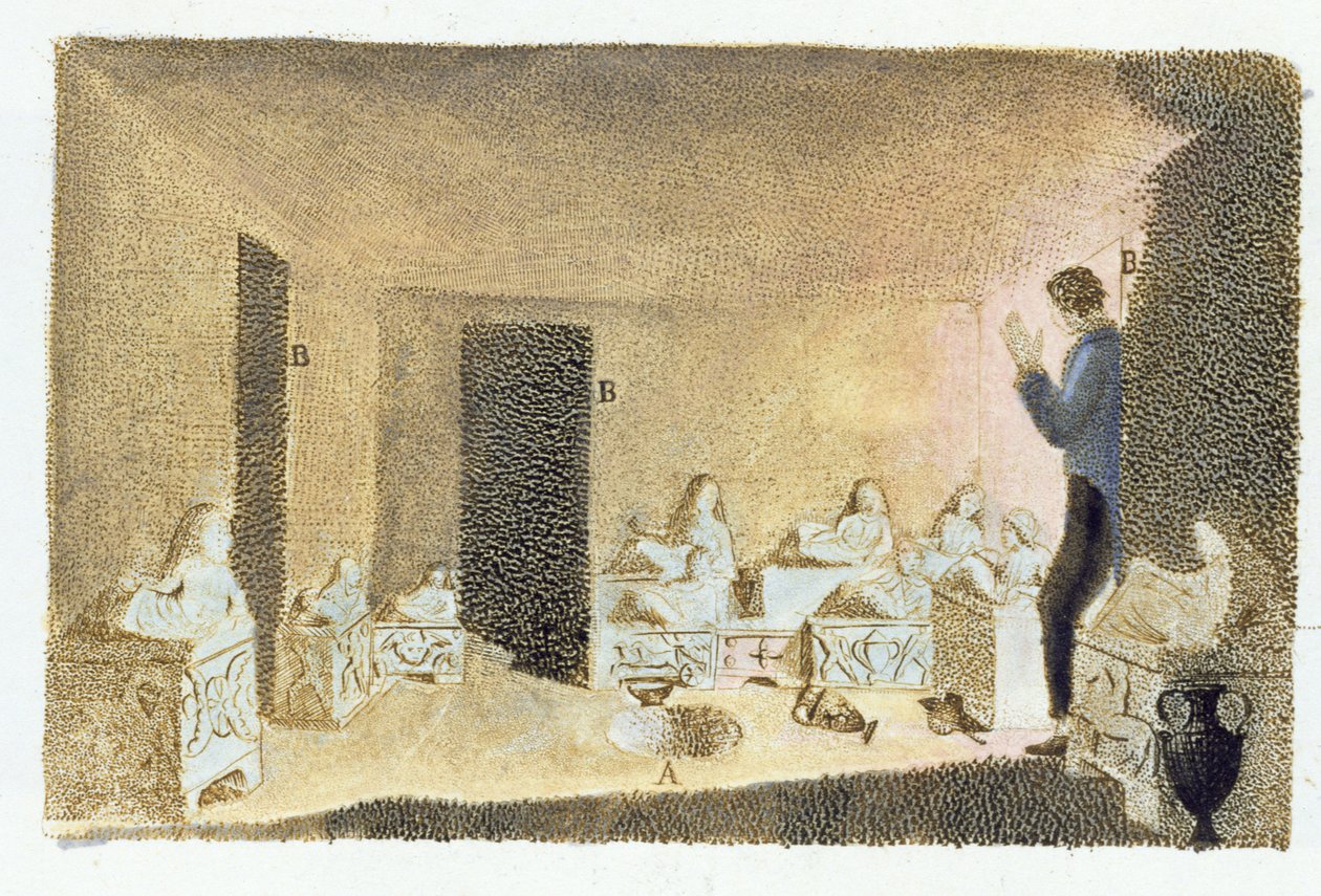 Oppdagelsen av etruskiske graver. illustrasjon fra Monumenti Etruschi av Francesco Inghirami (1772-1846), utgitt på Fiesole, 1825 (fargegravering) av Italian School