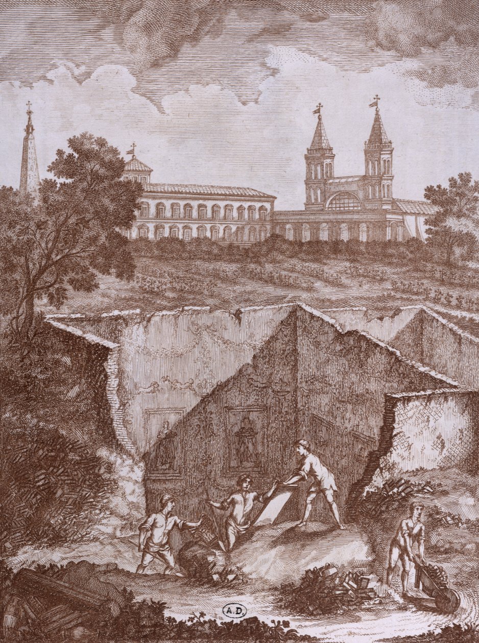 Oppdagelse av et hus og fresker i Roma i 1780, illustrasjon fra Peintures antiques retrouvees lors dune fouille en 1780, publisert i Roma 1783 av Italian School