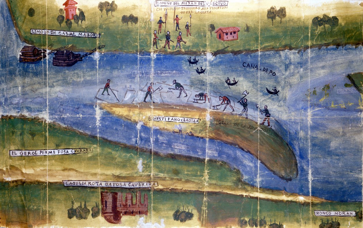 Tvist om retten til å høste is mellom innbyggerne i elven Po. 1535. Milano, Riksarkivet. av Italian School