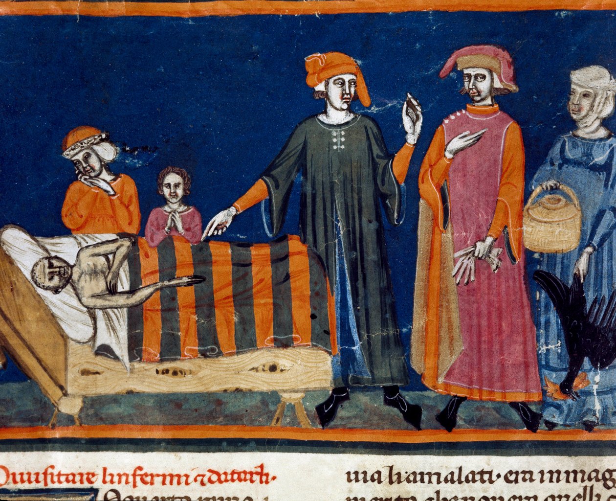 Legger til kai ved sengen til en syk miniatyr av den florentinske skolen fra en utvidelsesutgave av "Pater noster" av Ser Zucchero Bencivenni (MS.II.VI 16) begynnelsen av 1300-tallet Firenze, nasjonalbiblioteket av Italian School