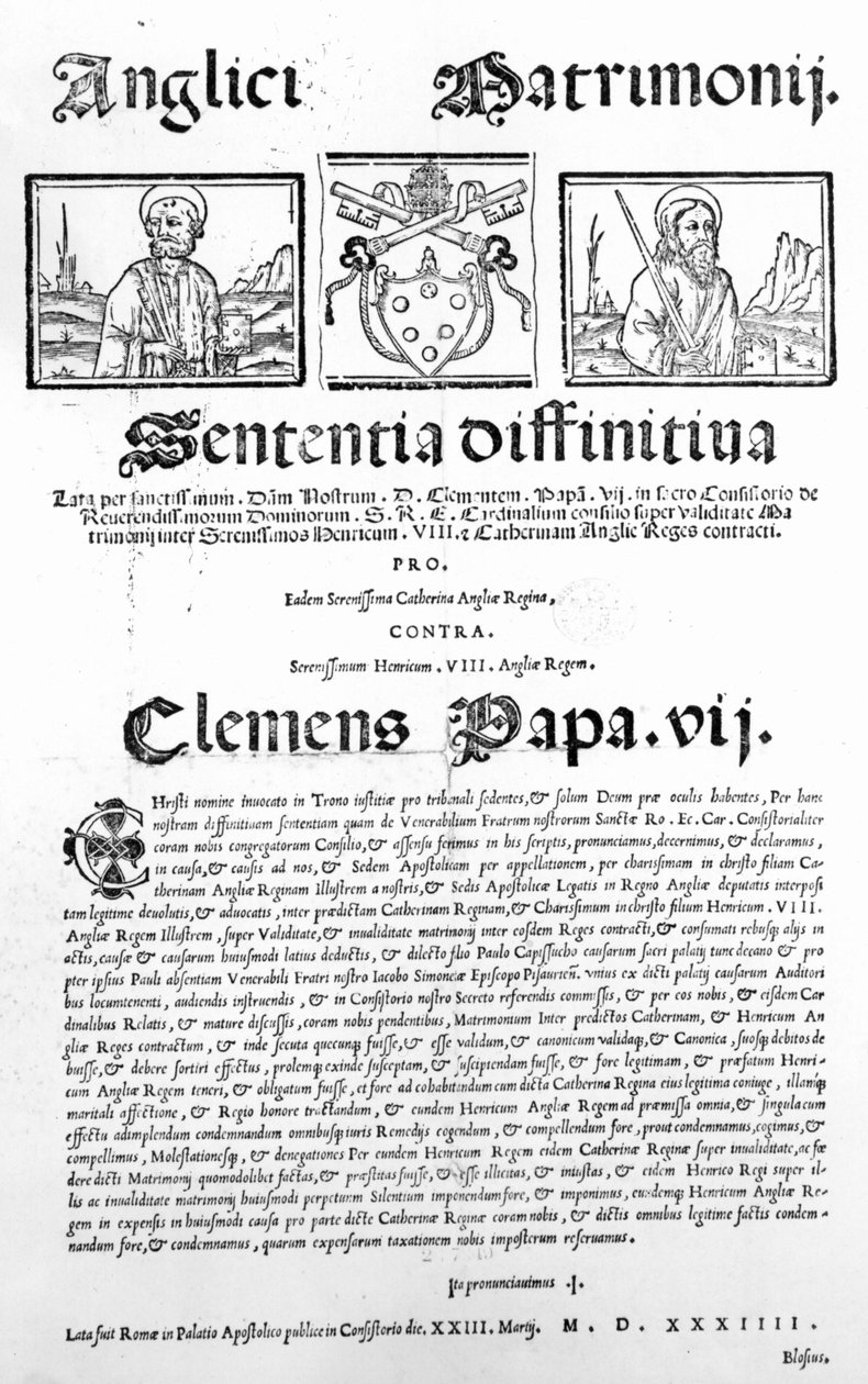 Dokument som erklærer pavens dom om gyldigheten av ekteskapet til Henrik VIII og Katarina av Aragon, 1534 (trykk) av Italian School