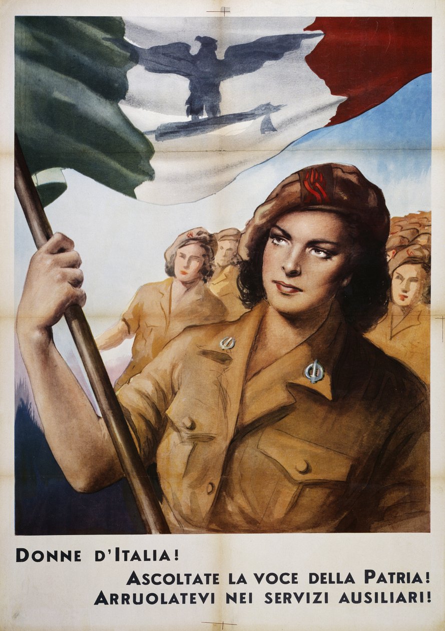 Italias kvinner, lytt til fedrelandets stemme! Verv dere til hjelpetjeneste! (Propagandaplakat, Italia, 1900-tallet) av Italian School