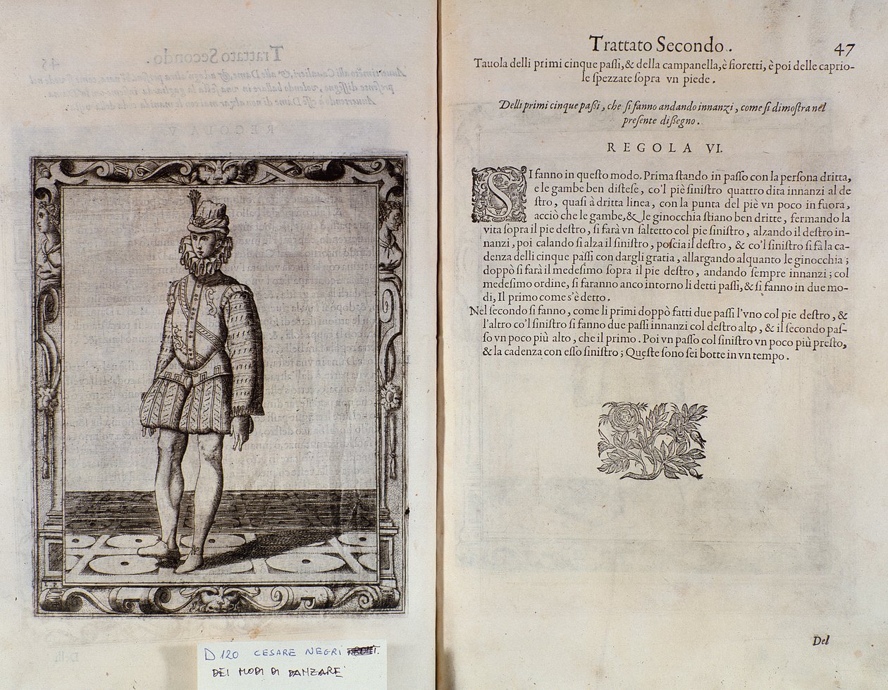 Dobbeltside av Le Gratie dAmore (Le Grazie dAmore) av den italienske danseren Cesare Negri kalt Il Trombone (1536-1604), traktat om dans av Italian School