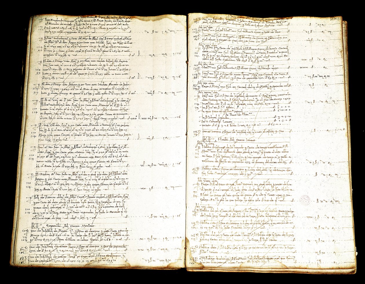 Dobbeltside i et register over kontoer til Priuli-familien til den venetianske adelen, rike handelsmenn med østen. Museo Correr fra 1500-tallet, Venezia av Italian School