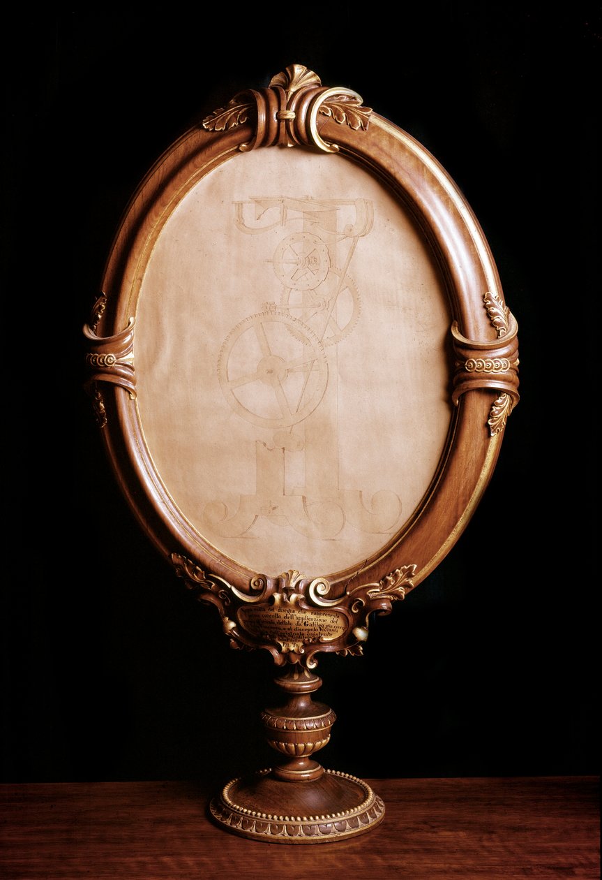 Tegning som anvender studiet av den italienske astronomen og fysikeren Galileo galilei dit Galilee (1564-1642) av bevegelsen til pendelen som veier den til klokken og til måling av tid. Kopi av originaltegningen av matematikeren Vincenzo Vivia av Italian School