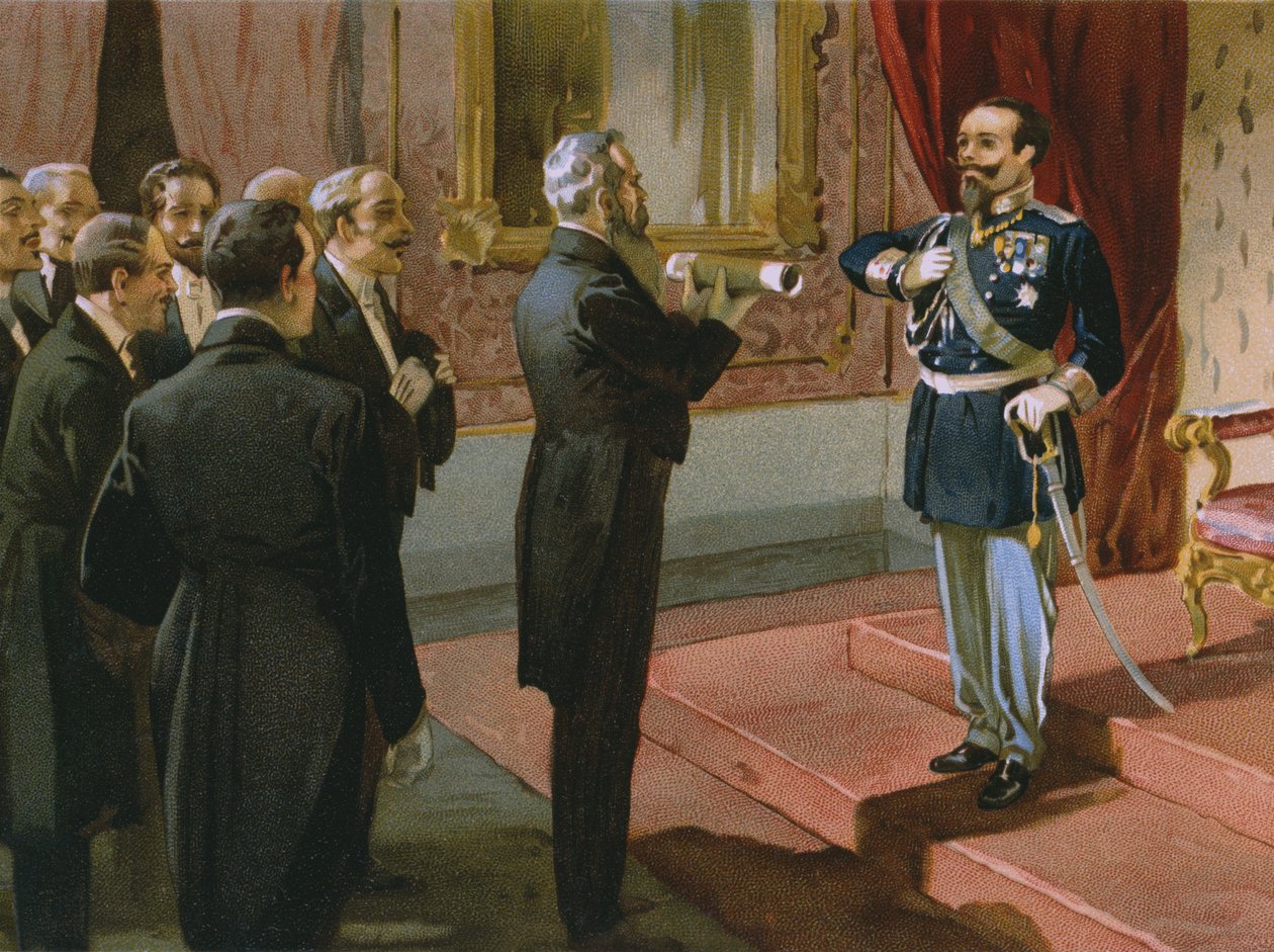 Hertugen av Sermoneta tilbyr kong Victor Emmanuel II (1820-78) folkeavstemningen i Roma ved Palazzo Pitti, Firenze, 1870, illustrasjon fra et album om historien til Risorgimento laget for sjokoladetalmen av Italian School