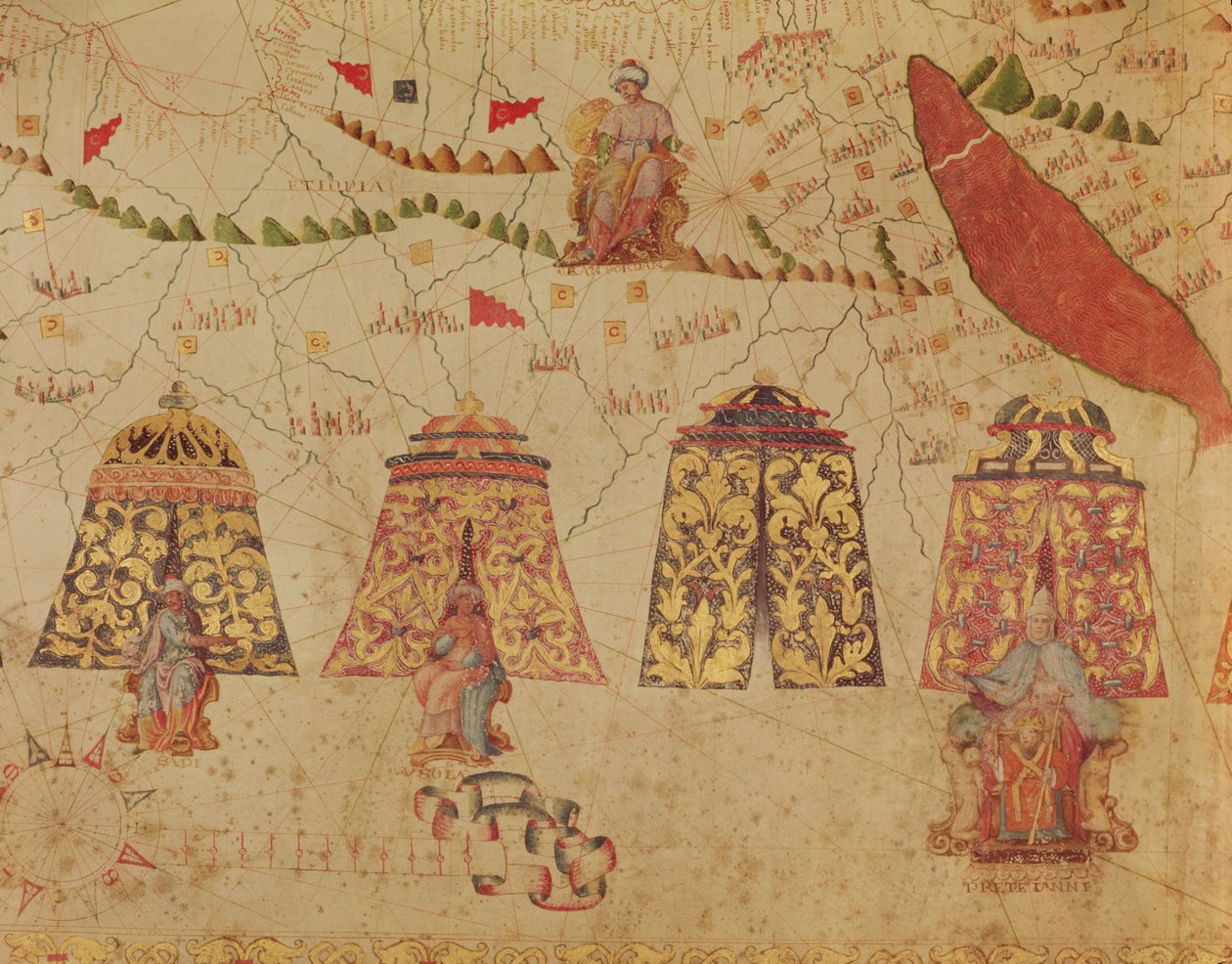 Øst-Afrika og Rødehavet med Prester John og de legendariske kongene av Afrika, detalj fra et kart over Middelhavet av Vesconte de Maggiolo, 1563 av Italian School