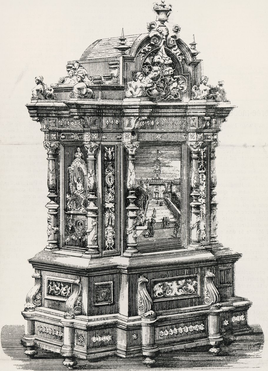 Ibenholt skap med innlegg av møbelsnekker Alessandro Monteneri fra Perugia (aktivt 1800- og 1900-tall), illustrasjon fra italiensk utstilling i 1881 i Milano, Italia av Italian School
