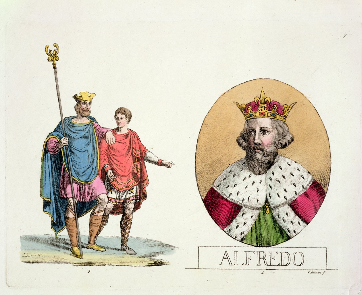 Edward the Confessor og kong Alfred, plate 7 fra The History of the Nations (akvatint) av Italian School