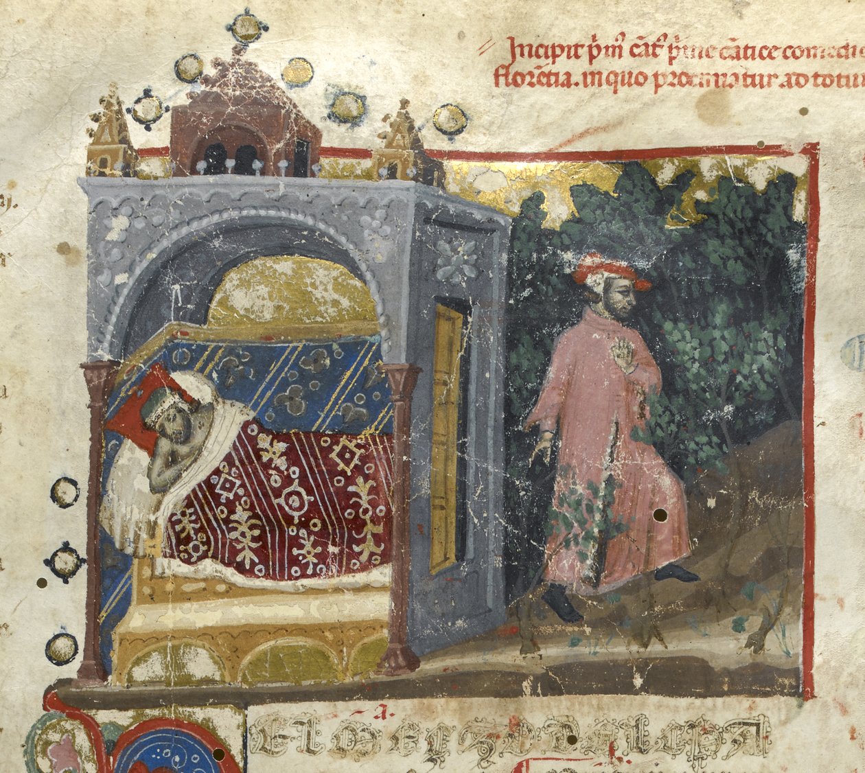 Egerton MS 943 f.3 Inferno: Dantes drøm og sjelen hans forlater kroppen hans, fra 