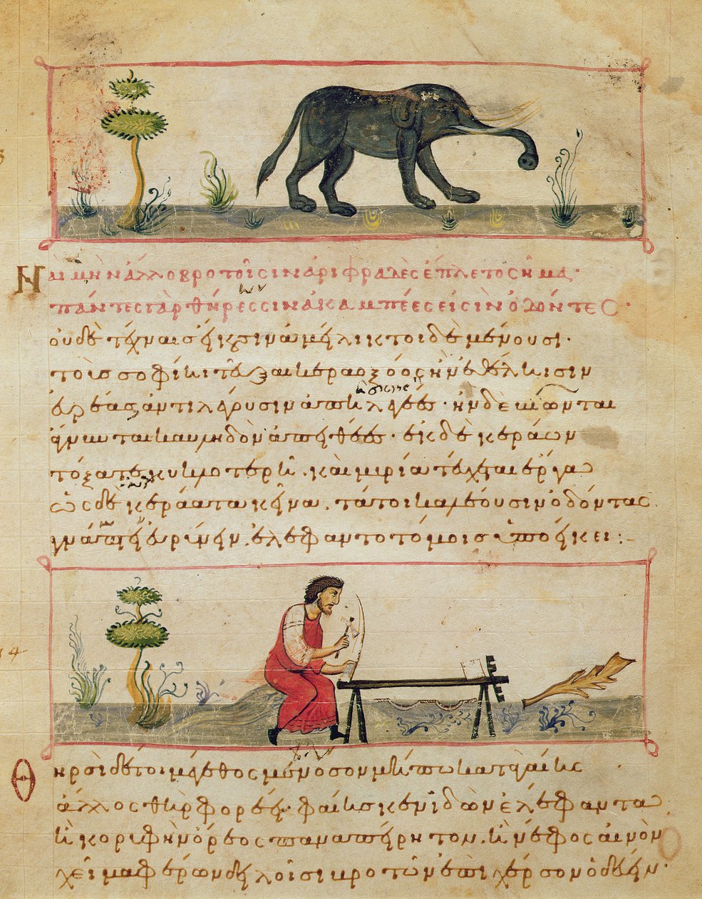 Elefant og tradisjonelt elfenbensverk, illustrasjon fra Cynegetica av Oppian (tempera på vellum) av Italian School