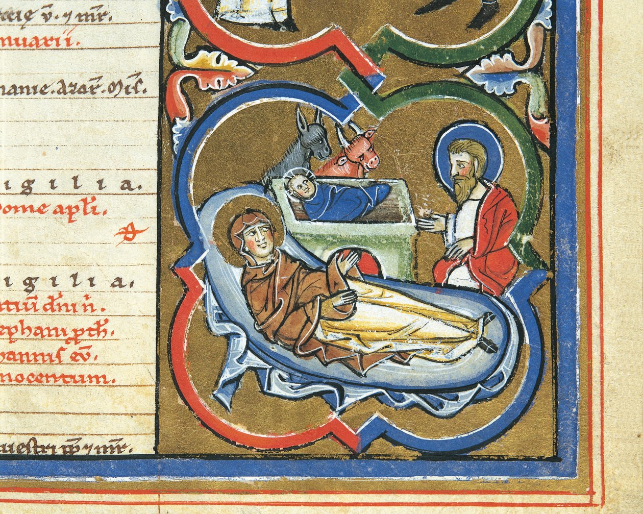 Elizabethansk kalender, desember, fødselsdag (penn og blekk, tempera og bladgull på vellum) av Italian School