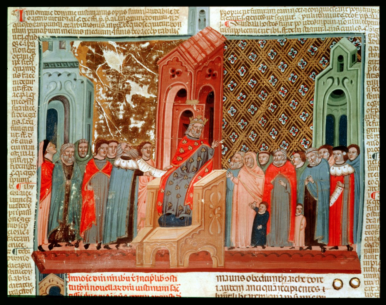 Keiser Justinian (483-565) og hoffet hans, fra Justinianus Istitutiones av Italian School