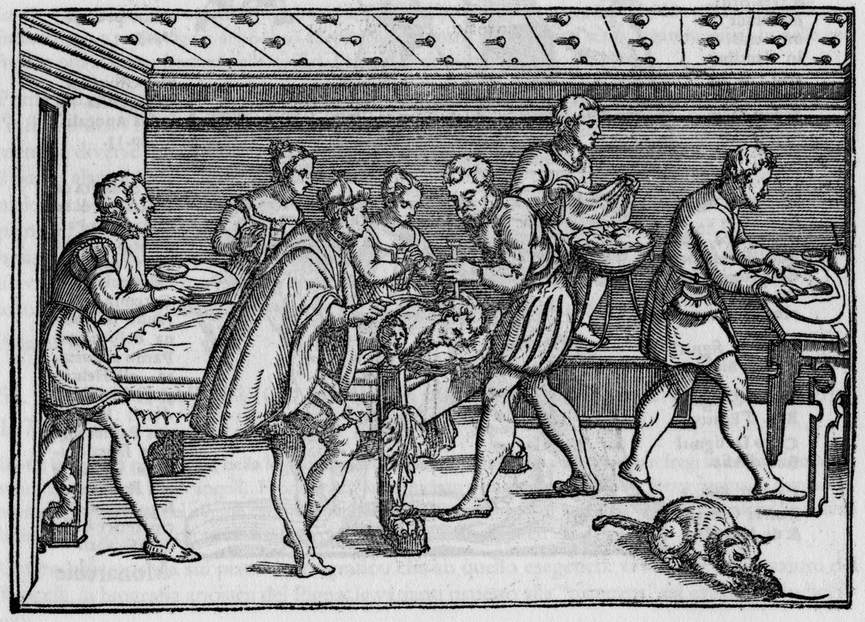 Gravering av 1574 i "" Della Cirurgia "" "(Om kirurgi) av Giovanni Andrea dalla Croce italiensk kirurg. av Italian School