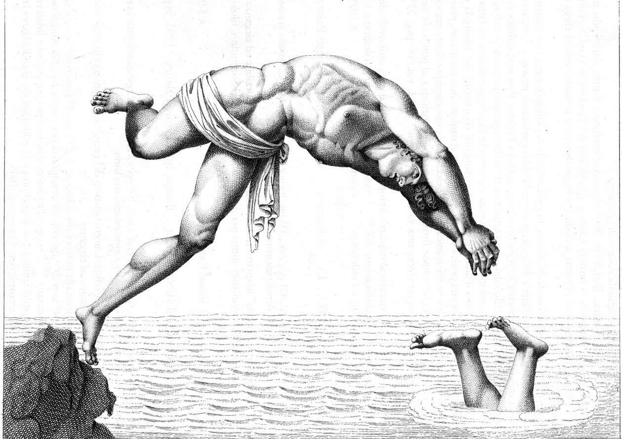 Gravering av 1794 i "" Den flytende mannen, det er den begrunnede kunsten å svømme "" av Oronzio De Bernardi. Treats of Swimming. av Italian School