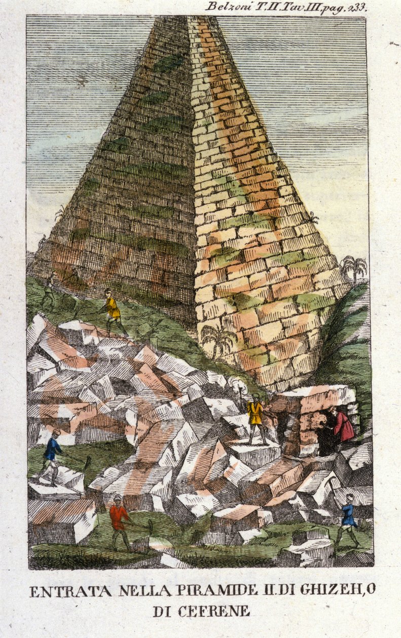 Inngangen til Belzoni i Guizeh-pyramiden (Guiseh, Giza, Giza) eller Chephren (det gamle imperiet). Giovanni Battista (Gianbattista) Belzoni (1778-1823), italiensk oppdagelsesreisende og arkeolog, har gjort viktige arkeologiske funn i Egypt. Gravering - i " av Italian School