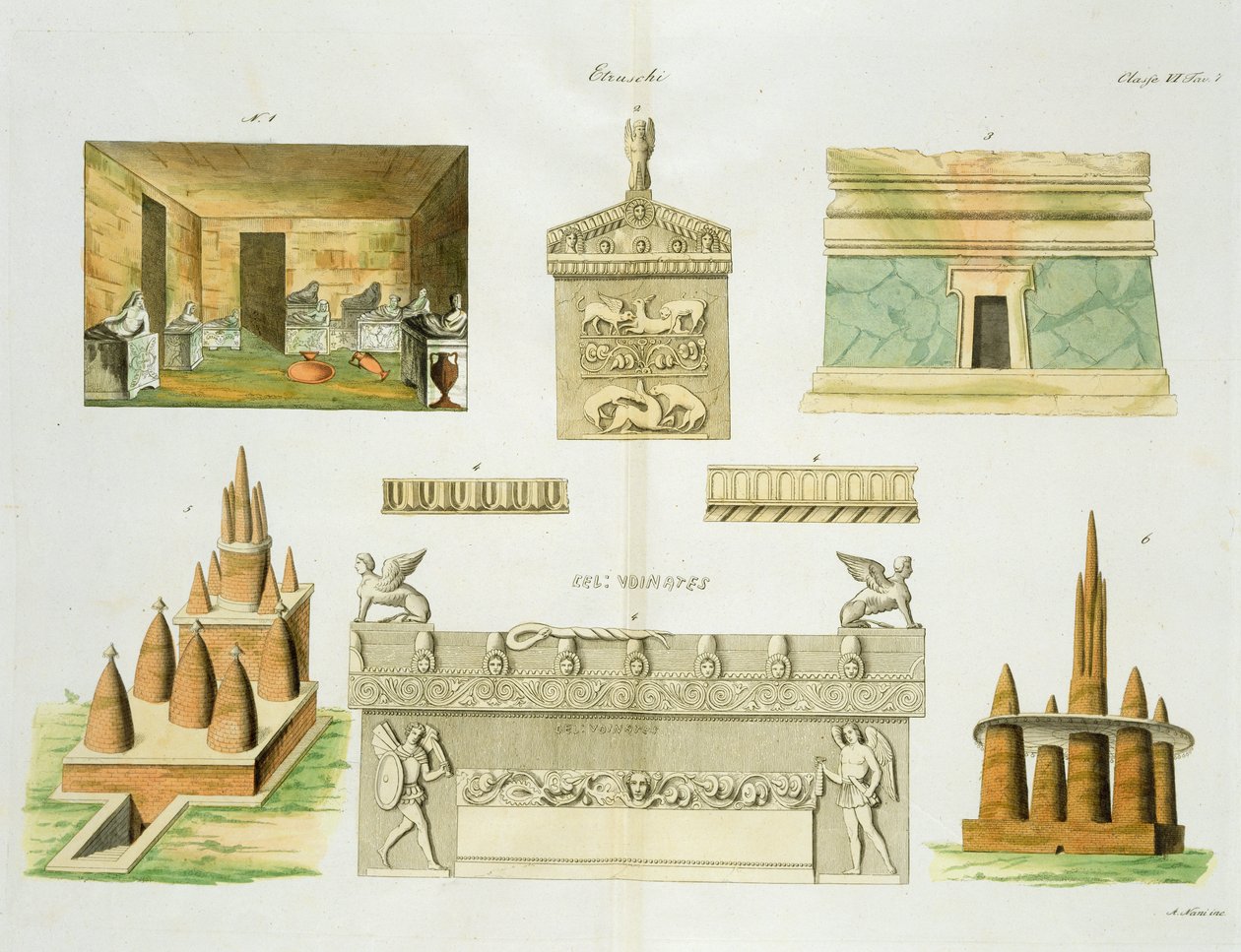 Etruskiske sarkofager og graver, plate 7, klasse 6 fra del I av The History of the Nations, gravert av A. Nani (akvatint) av Italian School