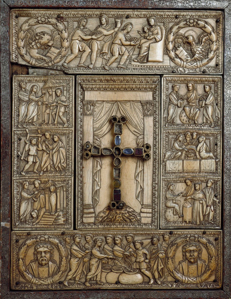 Evangelisk omslag kjent som "Dittico delle cinque parti" (Dyptic of the Five Parts) i elfenben dekorerer episoder av guddommen jus. 5. århundre. Milano, Tesoro del Duomo av Italian School