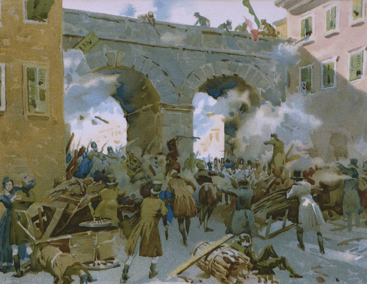 Hendelser fra 18. til 22. mars 1848, Milanese jager ut østerrikere, illustrasjon fra et album om Risorgimentos historie laget for sjokoladen Talmone, sent på 1800-tallet av Italian School
