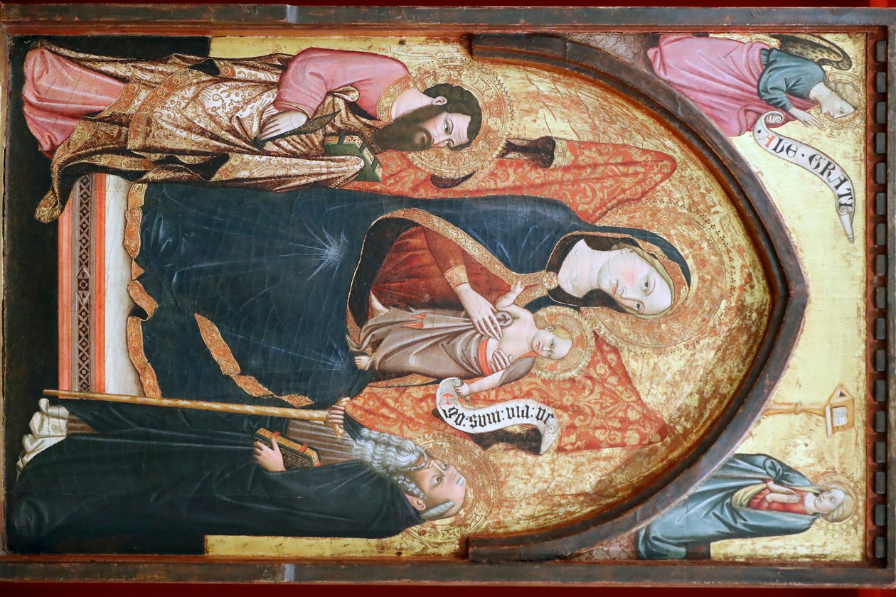 Evora museum. Jomfru Maria med Bartholomew og Anthony. italiensk skole. 1410. Portugal. av Italian School