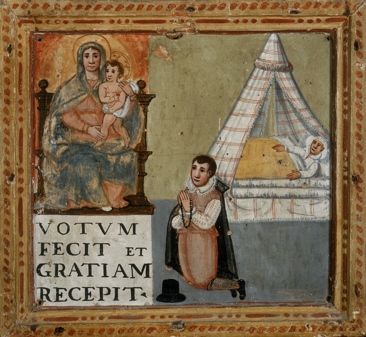 Ex-voto som viser en mann som takker jomfruen på knærne for å ha blitt helbredet fra en sykdom, 1604 av Italian School