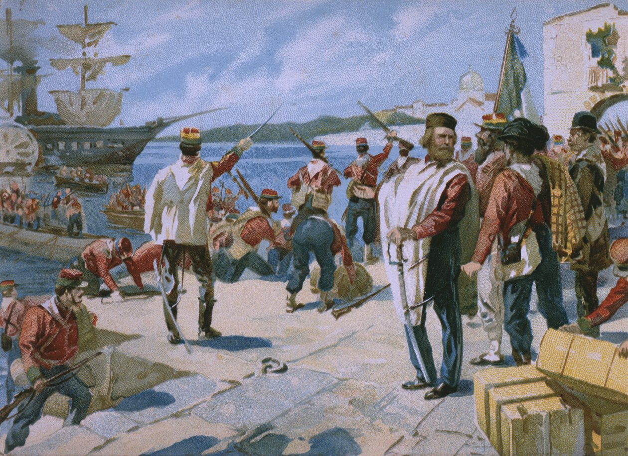 Expedition of the Thousand under ledelse av Giuseppe Garibaldi, landing i Marsala, Sicilia, 1860, illustrasjon fra et album om Risorgimentos historie laget for sjokoladen Talmone, sent av Italian School