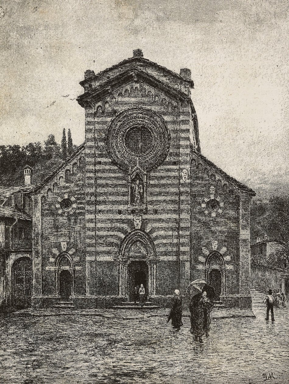 Fasade av Bellano-katedralen, Comosjøen, Italia, gravering fra tegning av Quinto Michetti, fra L'Illustration Italiana, nr. 41, oktober av Italian School