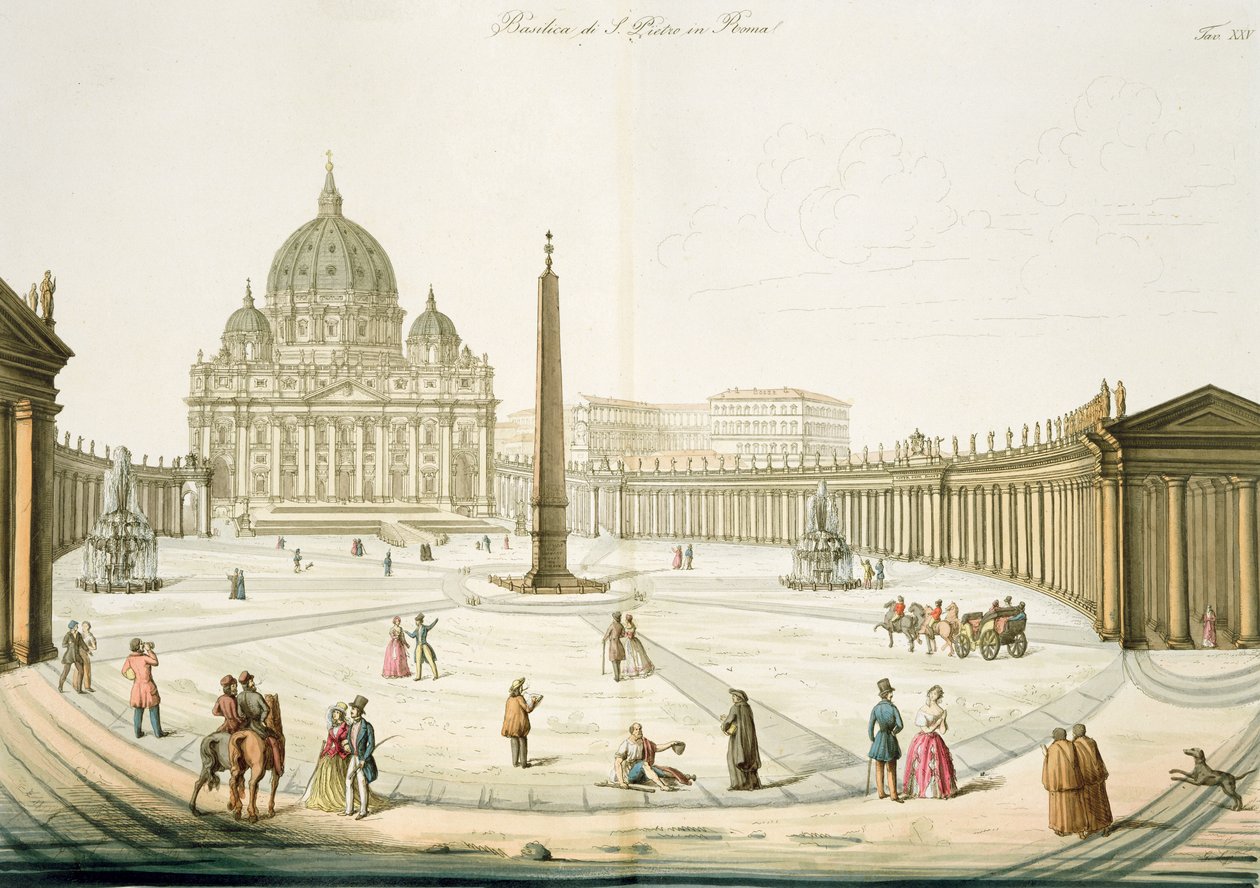 Fasade til St. Peter i Roma med Piazza foran, plate 25 fra del III av The History of the Nations, gravert av G. Lago av Italian School