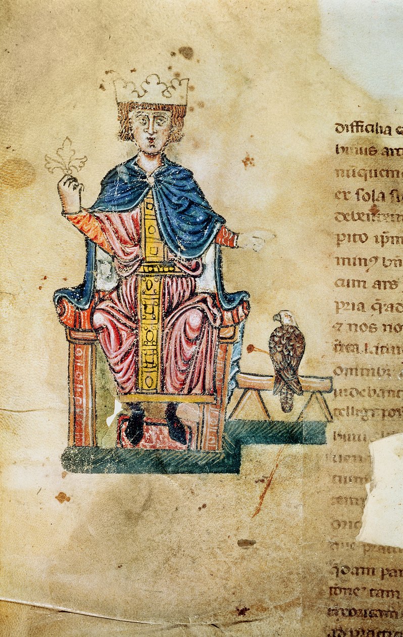 Federico II av Svevia, illustrasjon fra Kunsten å jakte med fugler, ca. 1220-50 av Italian School