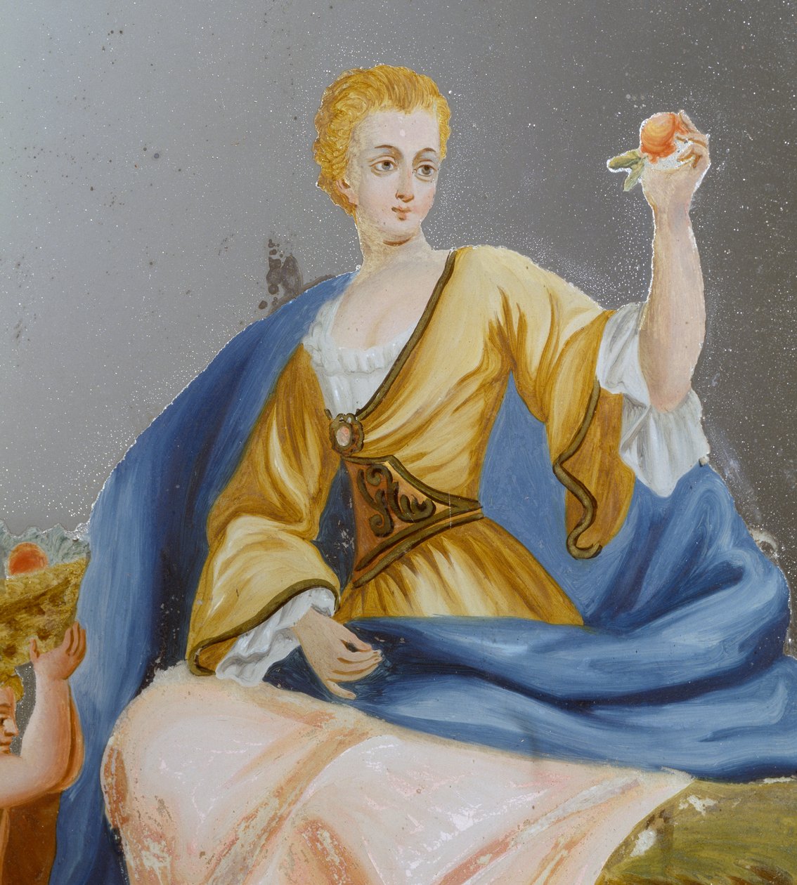 Kvinnefigur, Detalj fra romersk speil med malt scene, Utskåret og forgylt treramme, Italia av Italian School