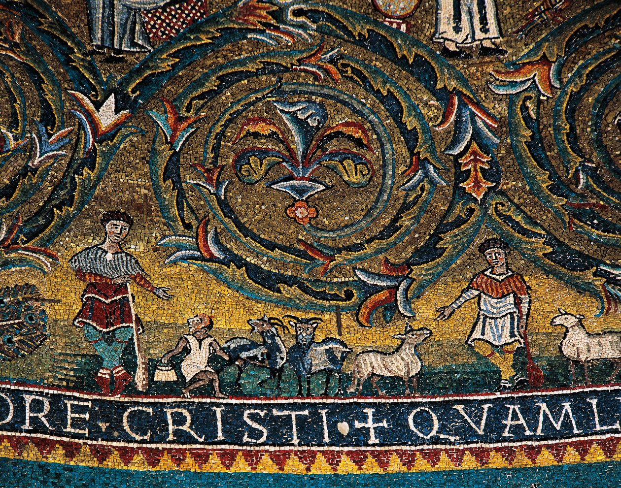 Figurer av hyrder og dyr, detalj fra Triumph of Cross fra medaljong av apsis (mosaikk) av Italian School