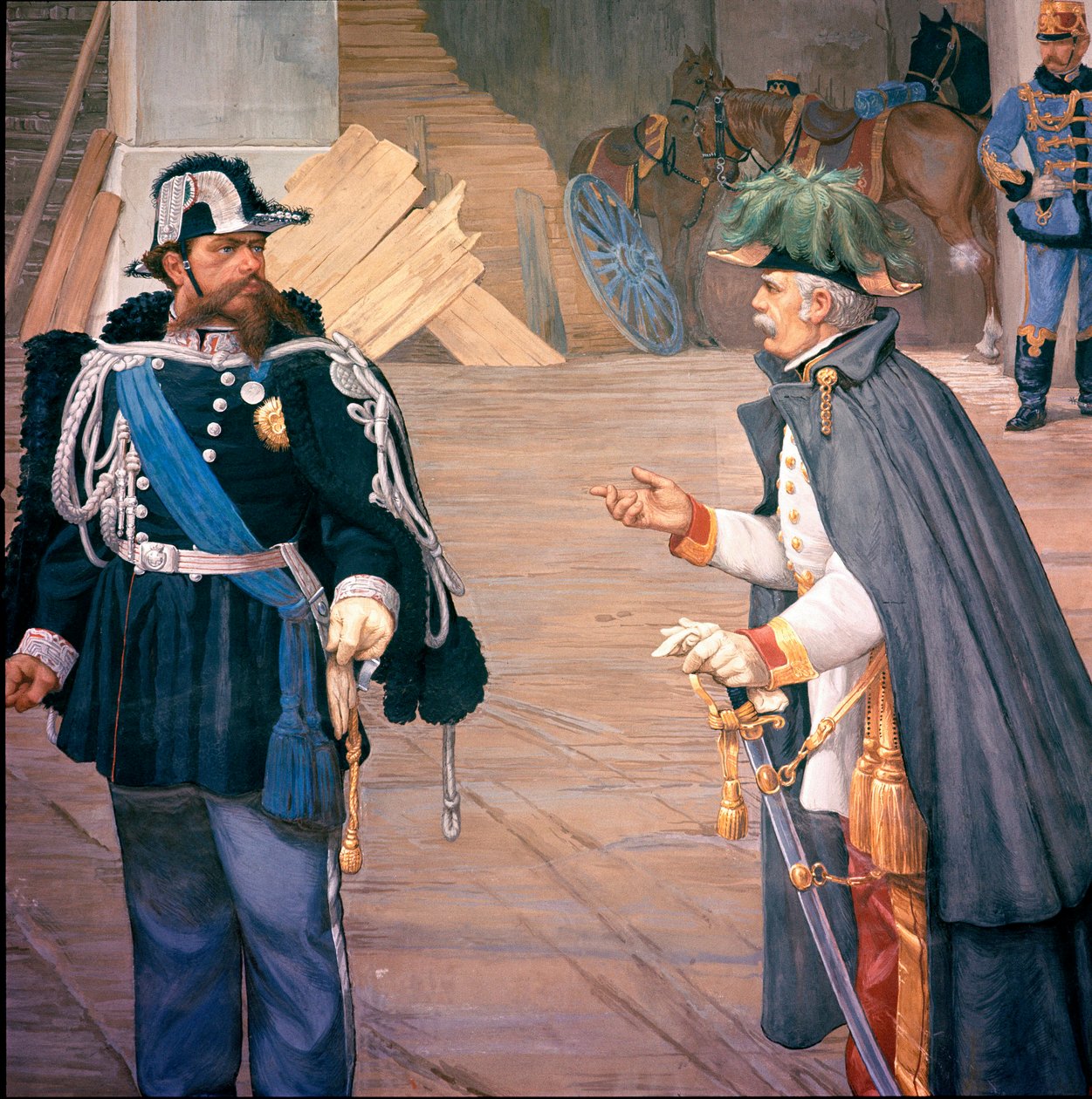 Første italienske uavhengighetskrig: "" slaget ved Novara (Novara) den 13.09.1849"" Også kalt slaget ved Bicoque. Vittorio Emanuele (Victor Emmanuel) (Victor-Emmanuel) II (1820-1870) og Joseph Radetzky (1766-1858) etter slaget. Detalj av en freske av Italian School