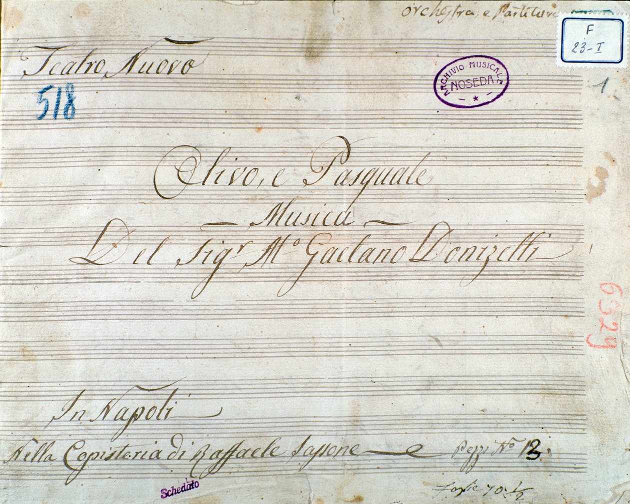 Første side med partitur fra operaen "Olivo e Pasquale", av Gaetano Donizetti (blekk på papir) av Italian School