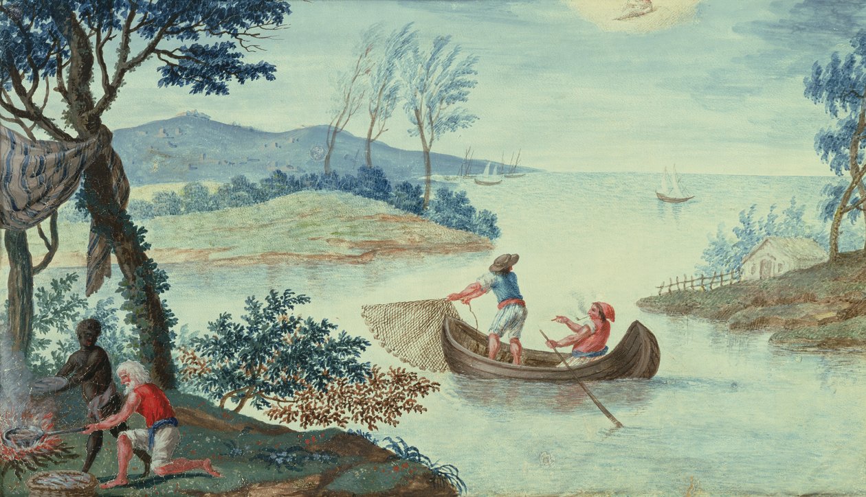Fiskescene som skildrer juli måned, en av en serie på tolv (wc) av Italian School