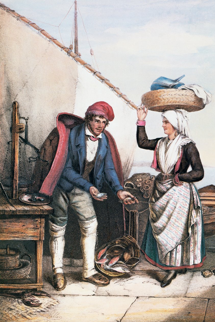Fiskehandler og bonde, illustrasjon fra Costumes of Istria, Italia av Italian School