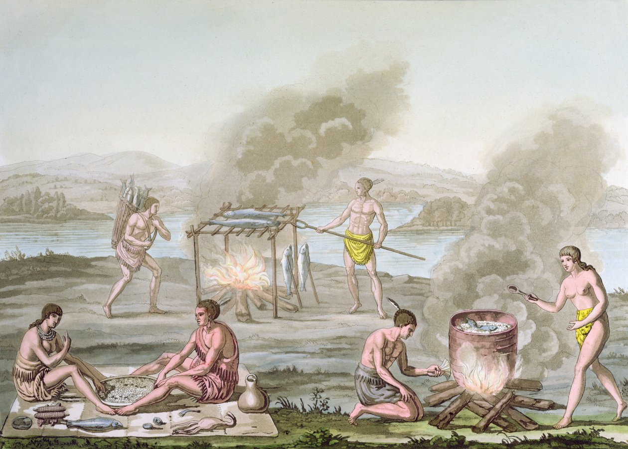 Florida-indianere tilbereder og lager mat, ca. 1820 av Italian School