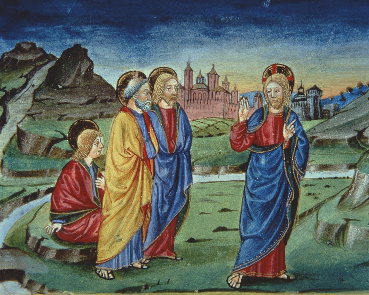 Fol.103v Etter forvandlingen ber Kristus apostlene om ikke å avsløre dette før etter oppstandelsen (vellum) (detalj) av Italian School