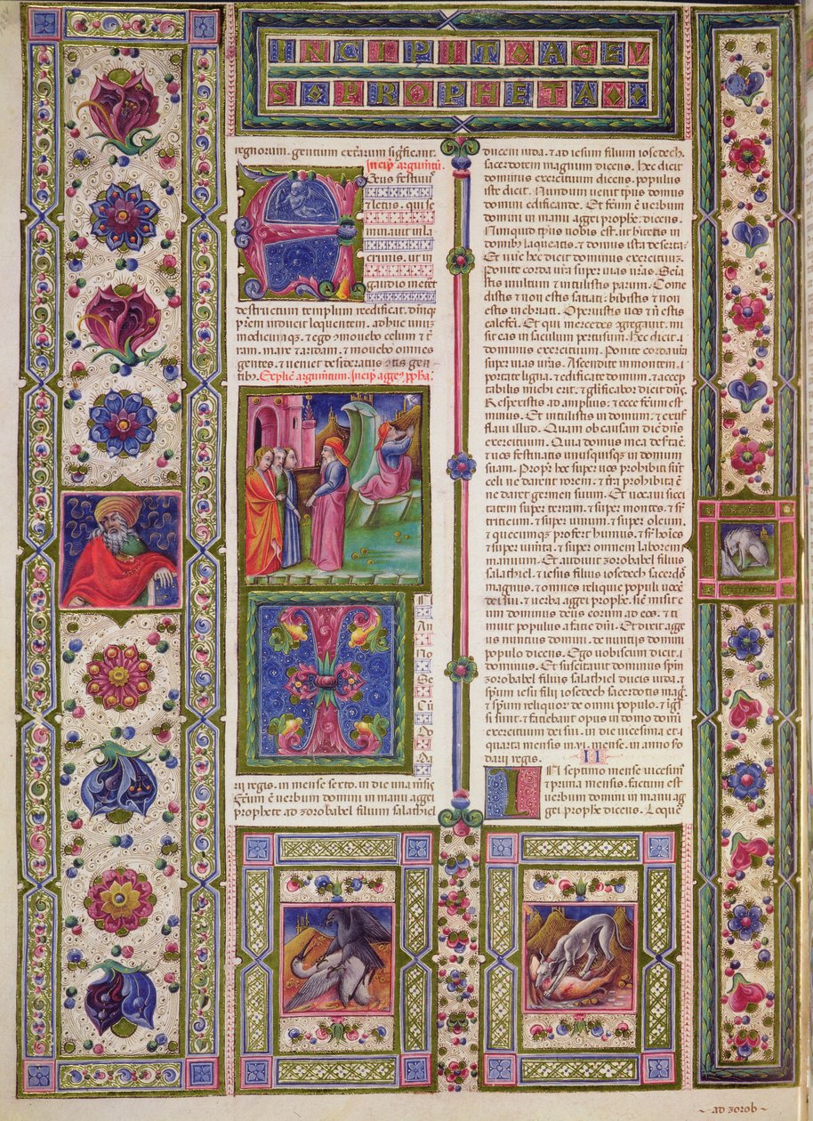 Fol.103v Profeten Haggais bok (en profet som på 600-tallet f.Kr. hjalp jødene med å rekonstruere templet), fra Borso d'Este-bibelen. Volum 2 (vellum) av Italian School