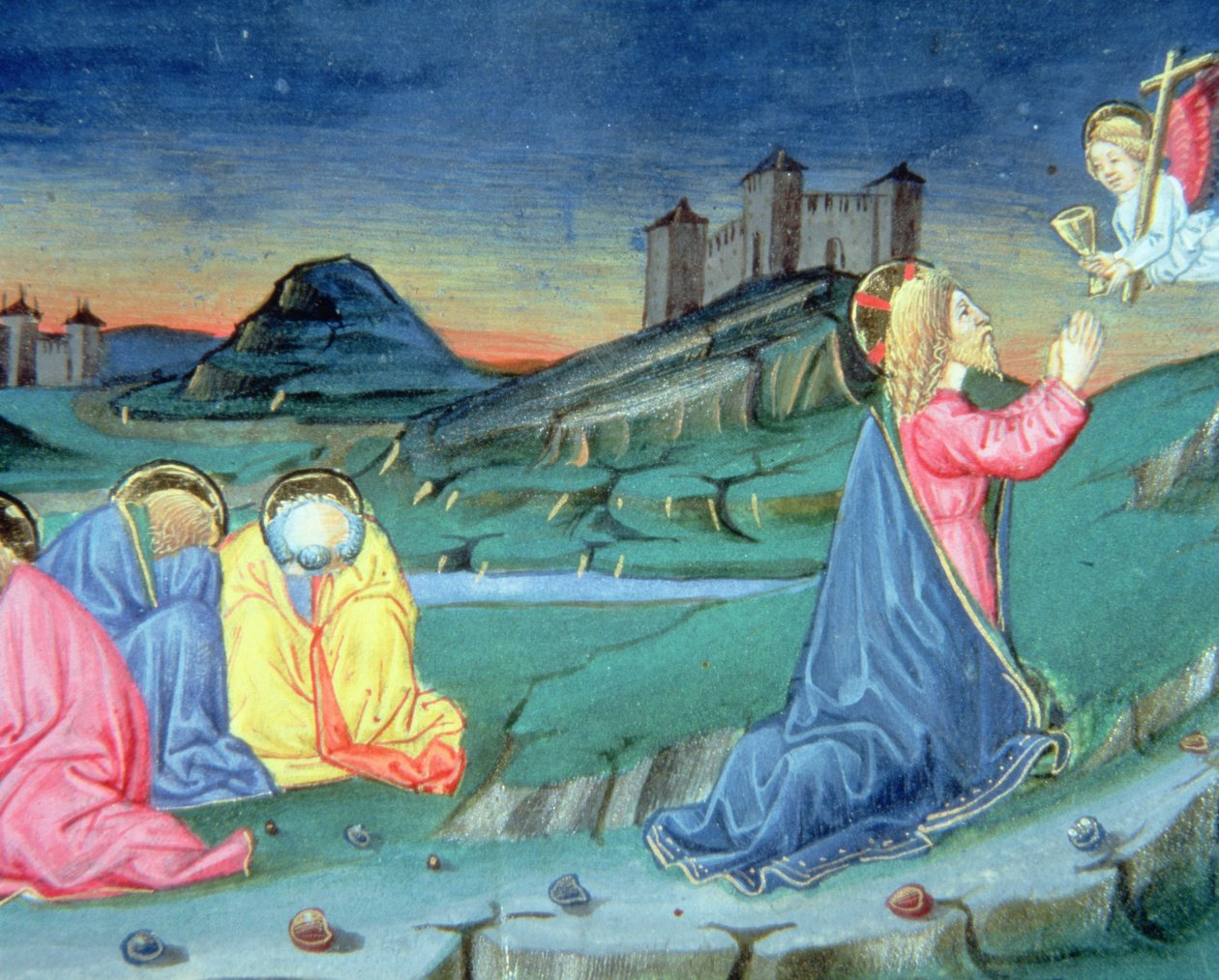 Fol.104r Etter å ha bedt på Oljeberget kommer en engel for å trøste Kristus (vellum) av Italian School