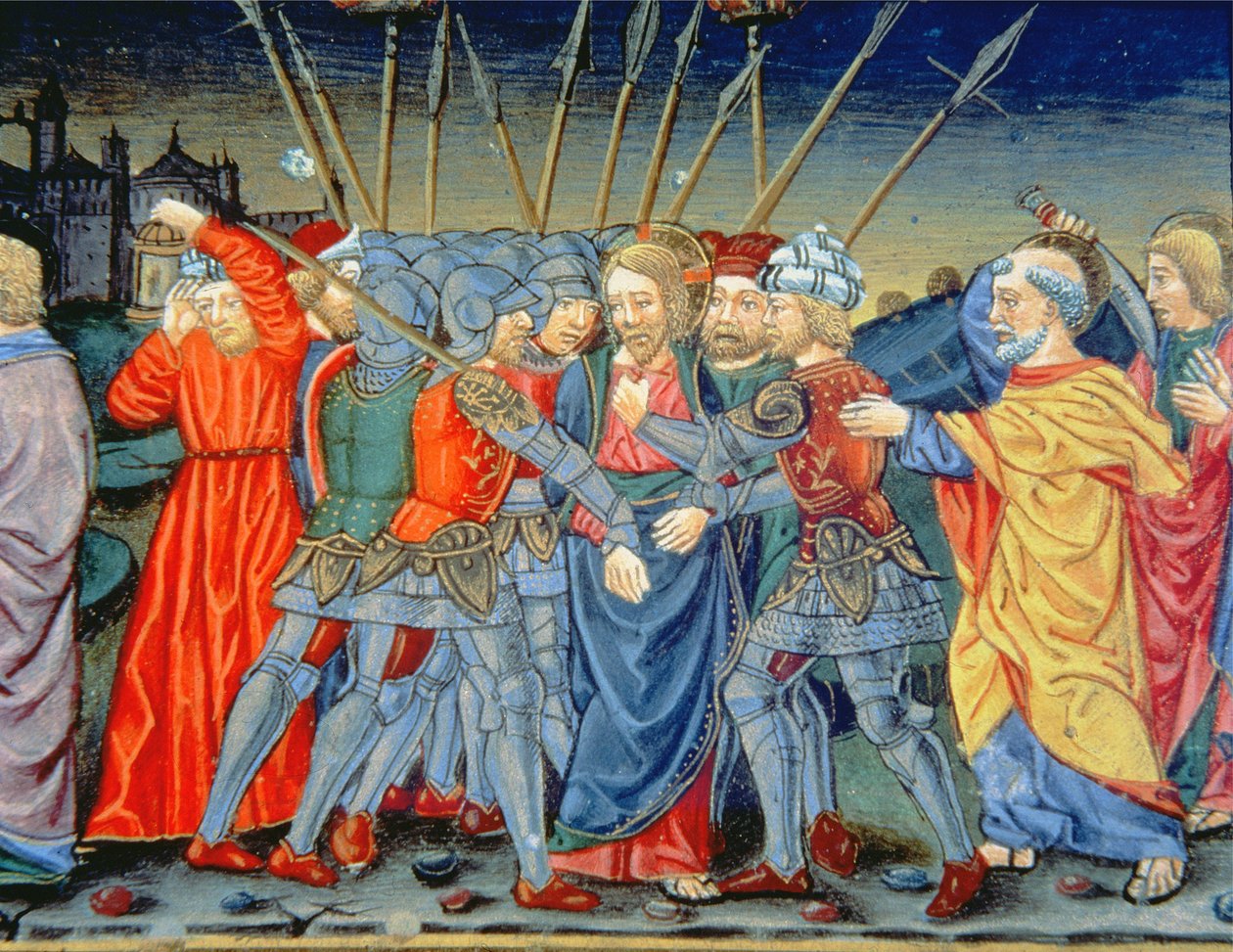 Fol.105v Simon Peter forsvarer Kristus og sårer en soldat med et sverd (vellum) av Italian School