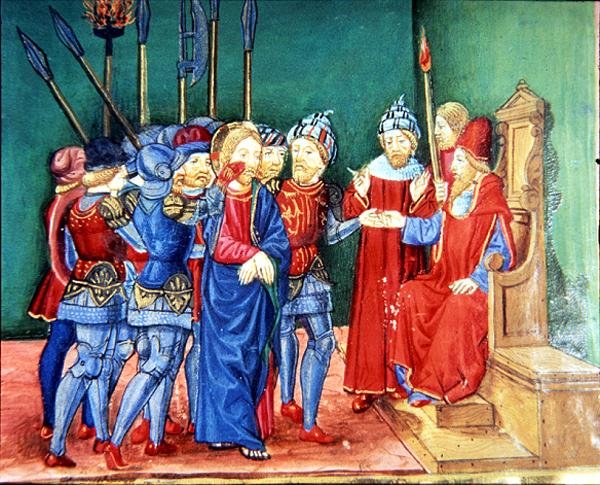 Fol.106v Kristus ledes som fange foran Anas, ypperstepresten (vellum) av Italian School