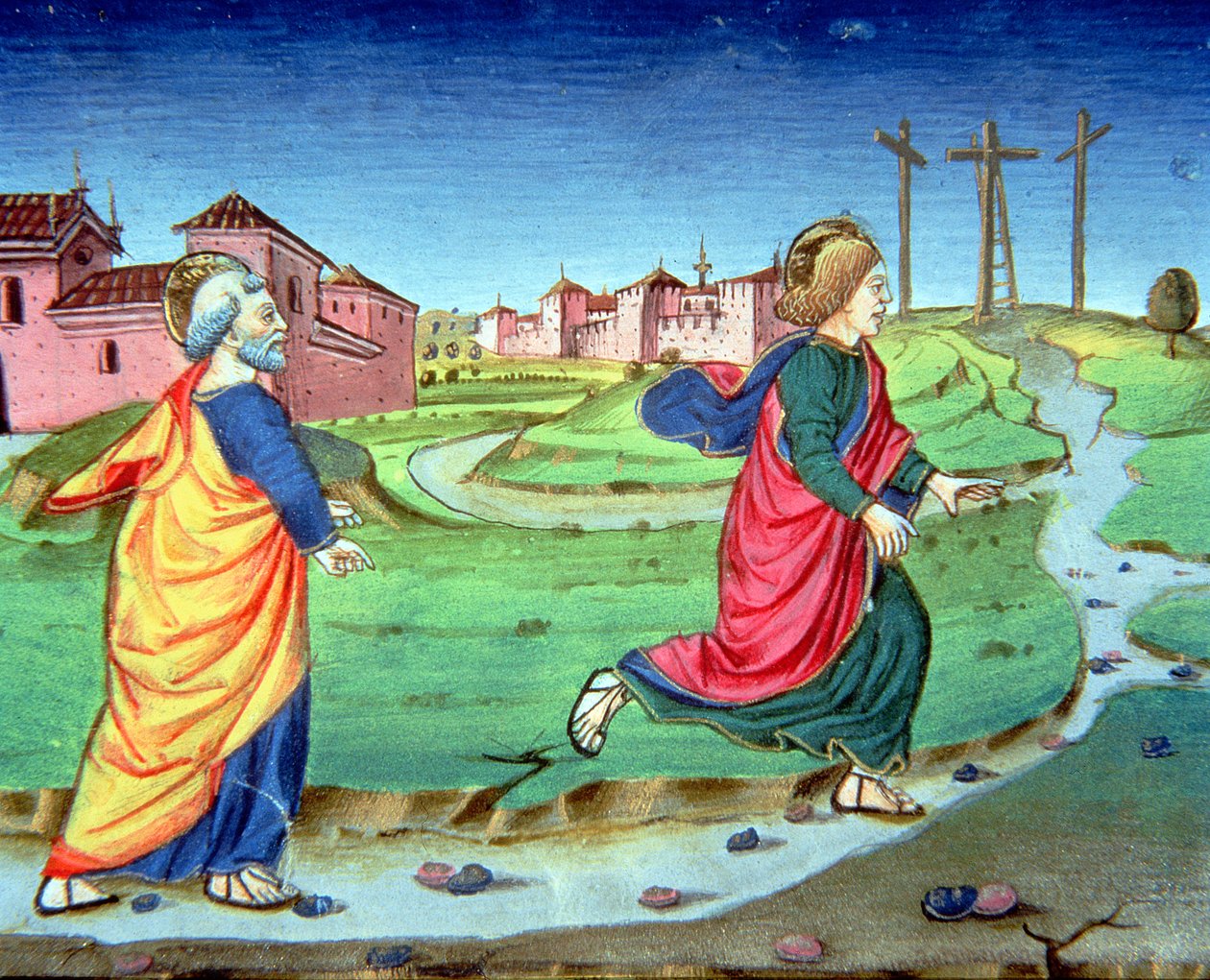Fol.129vb Maria Magdalena gir nyheten om oppstandelsen til Simon Peter (vellum) av Italian School