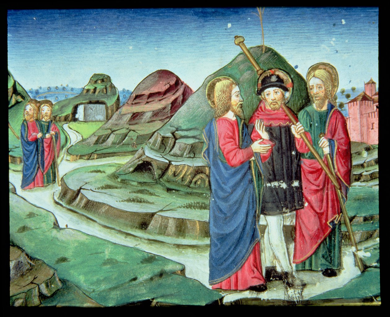 Fol.130v Kristus følger to disipler til Emmaus uten at de skjønner at det er ham (vellum) av Italian School