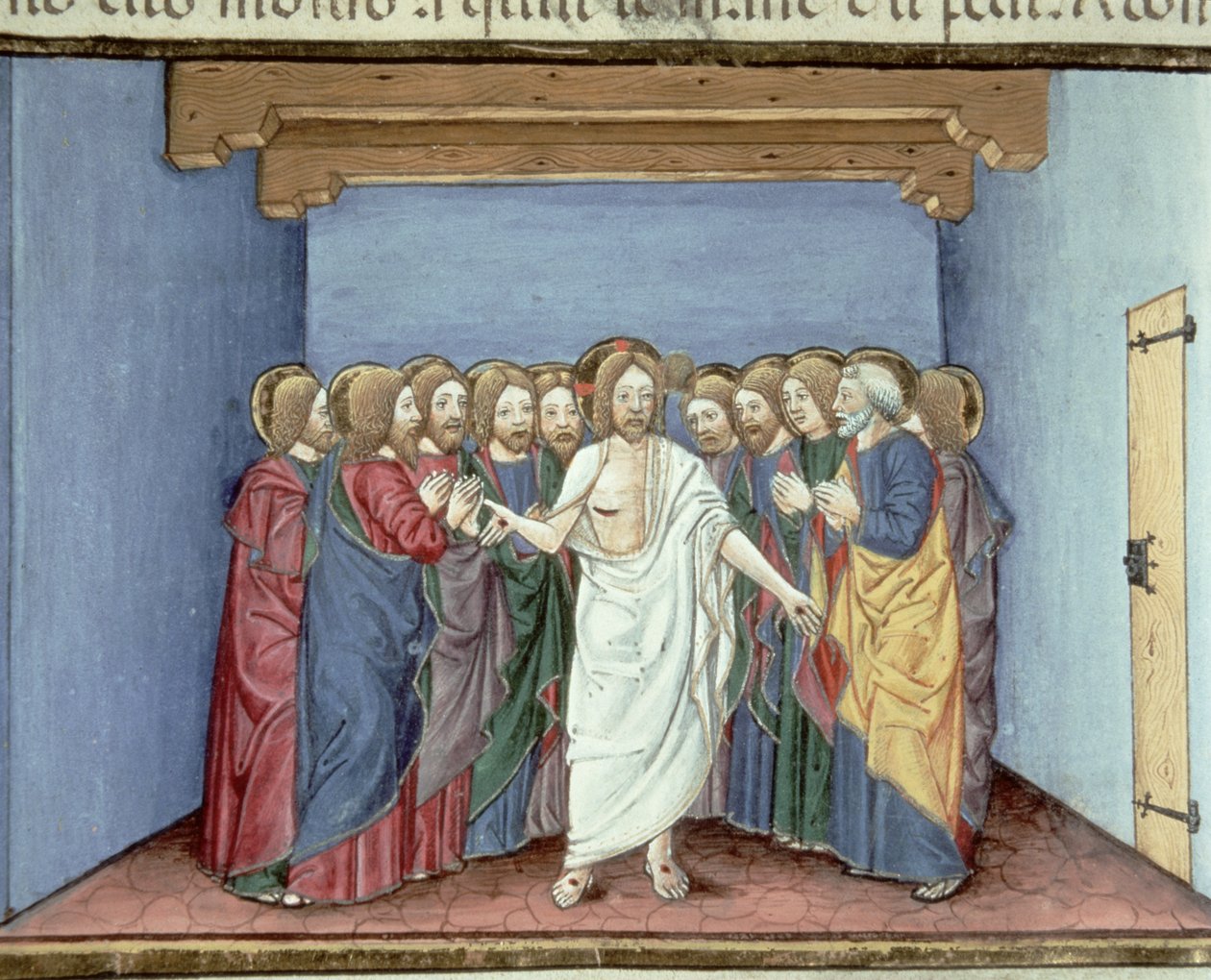 Fol.135v Jesus viser seg for disiplene samlet under ett tak i frykt for dommerne (vellum) av Italian School