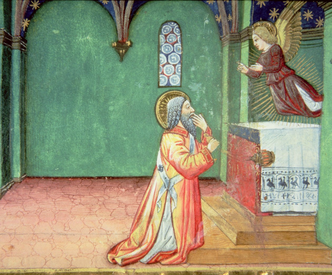 Fol.142r En engel viser seg for Sakarias i tempelet (vellum) av Italian School