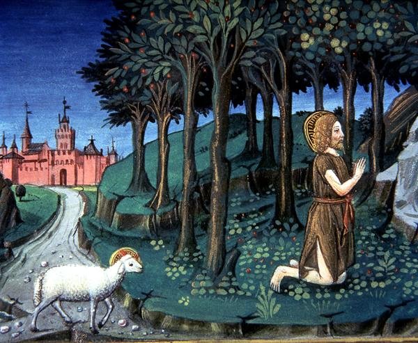 Fol.143v Døperen Johannes ber i ørkenen (vellum) av Italian School