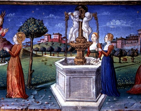 Fol.34v Erkeengelen Raphael besøker Maria (vellum) av Italian School